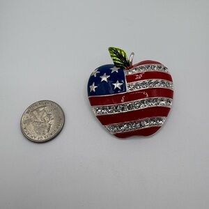 Vintage Patriotic Apple Brooch Red, White & Blue with Rhinestones – Silver Tone